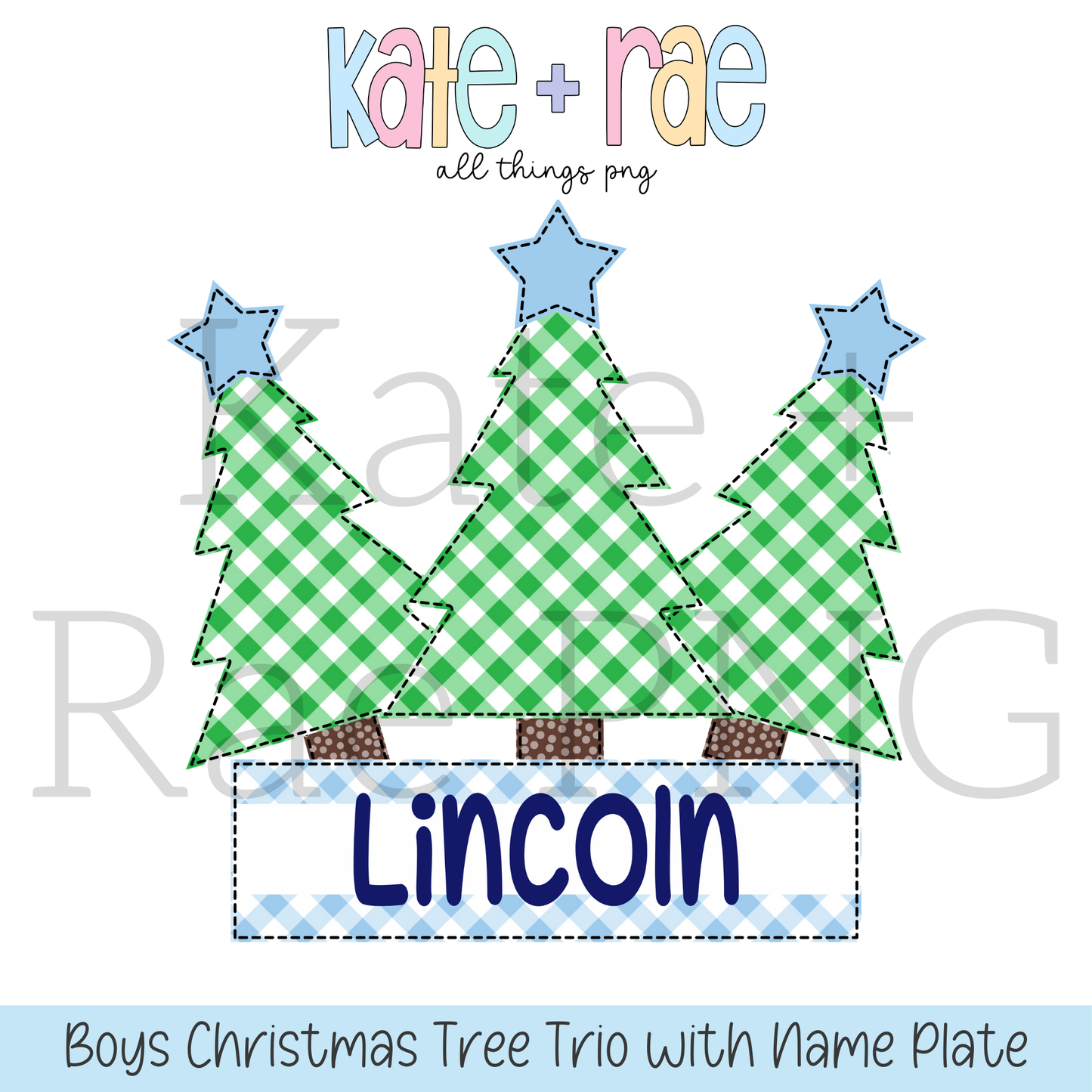 Boy's Christmas Tree Trio with Blue Stars Faux Applique with Name Plate PNG