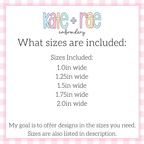 Tiny Butterfly Satin Stitch Embroidery Design: Size chart showing sizes 1.0in, 1.25in, 1.5in, 1.75in, and 2.0in wide
