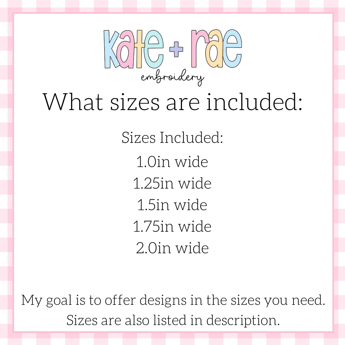 Tiny Butterfly Satin Stitch Embroidery Design: Size chart showing sizes 1.0in, 1.25in, 1.5in, 1.75in, and 2.0in wide