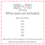 Fishing Pole Frame with Fish Embroidery Design: Size chart showing the included sizes 4x4, 5x5, 5x7, 6x6, 7x7, and 8x8