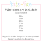 Ladybug Mini Fill Stitch Embroidery Design: Size chart showing sizes 1.0in to 4.0in in half inch steps