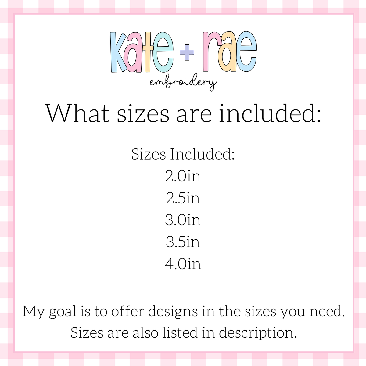 Heart Sucker with Bow Mini Fill Stitch Embroidery Design: Size chart showing 2 to 4 inch sizes included