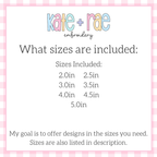 1st Birthday Smash Cake Sketch Stitch Embroidery Design: Size chart showing sizes 2.0in to 5.0in in half inch steps