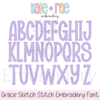 Gracie Sketch Stitch Embroidery Font: Uppercase alphabet preview of the Gracie sketch stitch font in lavender