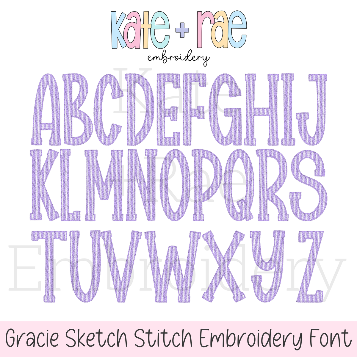 Gracie Sketch Stitch Embroidery Font: Uppercase alphabet preview of the Gracie sketch stitch font in lavender