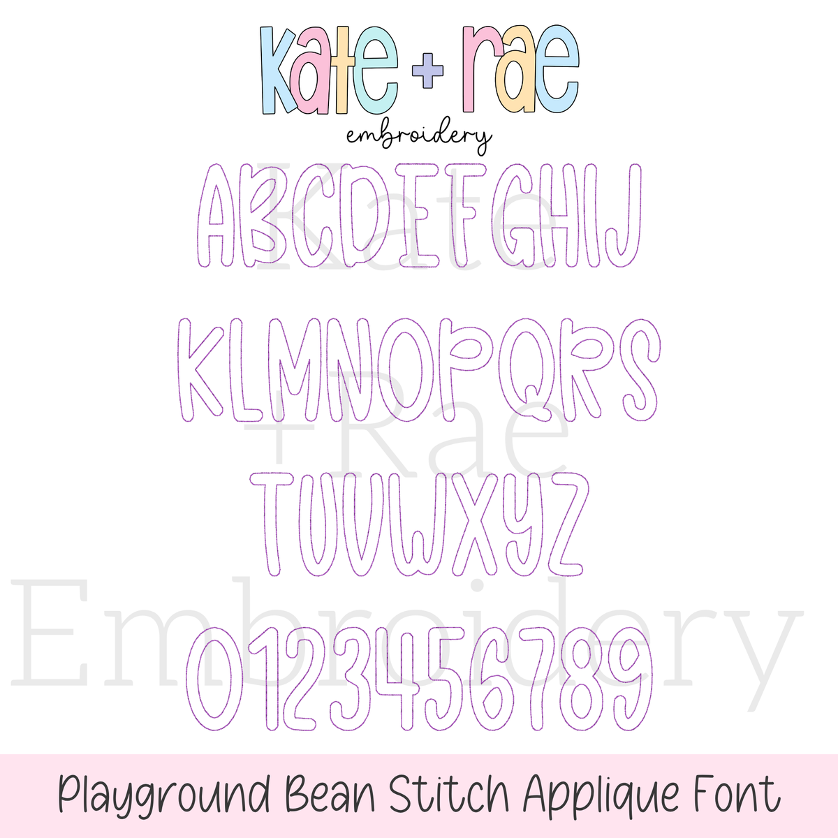 Playground Bean Stitch Applique Embroidery Font: Uppercase alphabet and numbers 0 to 9 preview in lavender bean applique outlines