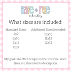 Curved Mama Satin Stitch Applique with Bow Embroidery Design: Size chart showing standard sizes 5x7 to 8x8 plus additional sizes 10x10, 11x13, and 12x12