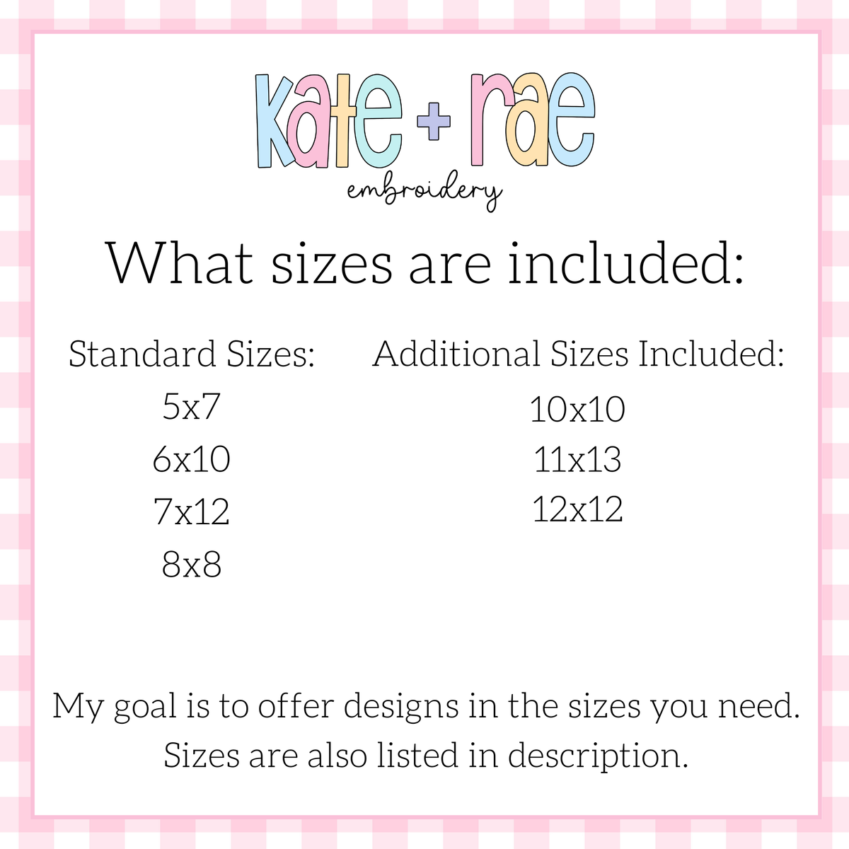 Curved Mama Satin Stitch Applique with Bow Embroidery Design: Size chart showing standard sizes 5x7 to 8x8 plus additional sizes 10x10, 11x13, and 12x12