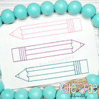 Pencil Trio Outline Bean Stitch Embroidery Design: Three outline bean stitch pencils in pink, purple, and teal on a white shirt
