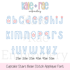 Cupcake Star Spangled Bean Stitch Applique Font: Lowercase a to z alphabet in blue outlined applique letters with red stars, available in 2.5 to 5 inch sizes