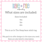 Bunny Easter Basket Tag Bean Stitch Applique Embroidery Design: Size chart showing in the hoop bean stitch tag sizes 4in, 5in, and 6in