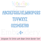 Jellybean Fill Stitch with Bean Border Machine Embroidery Font: Uppercase alphabet, numbers, and punctuation preview in light blue Jellybean font