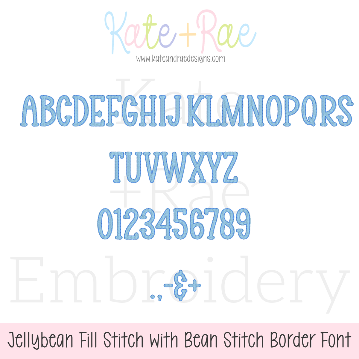 Jellybean Fill Stitch with Bean Border Machine Embroidery Font: Uppercase alphabet, numbers, and punctuation preview in light blue Jellybean font