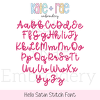 Hello Satin Stitch Embroidery Font: Upper and lowercase alphabet in a pink satin script font