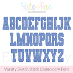 Varsity Sketch Stitch Embroidery Font: Uppercase A to Z alphabet in blue collegiate sketch stitch letters