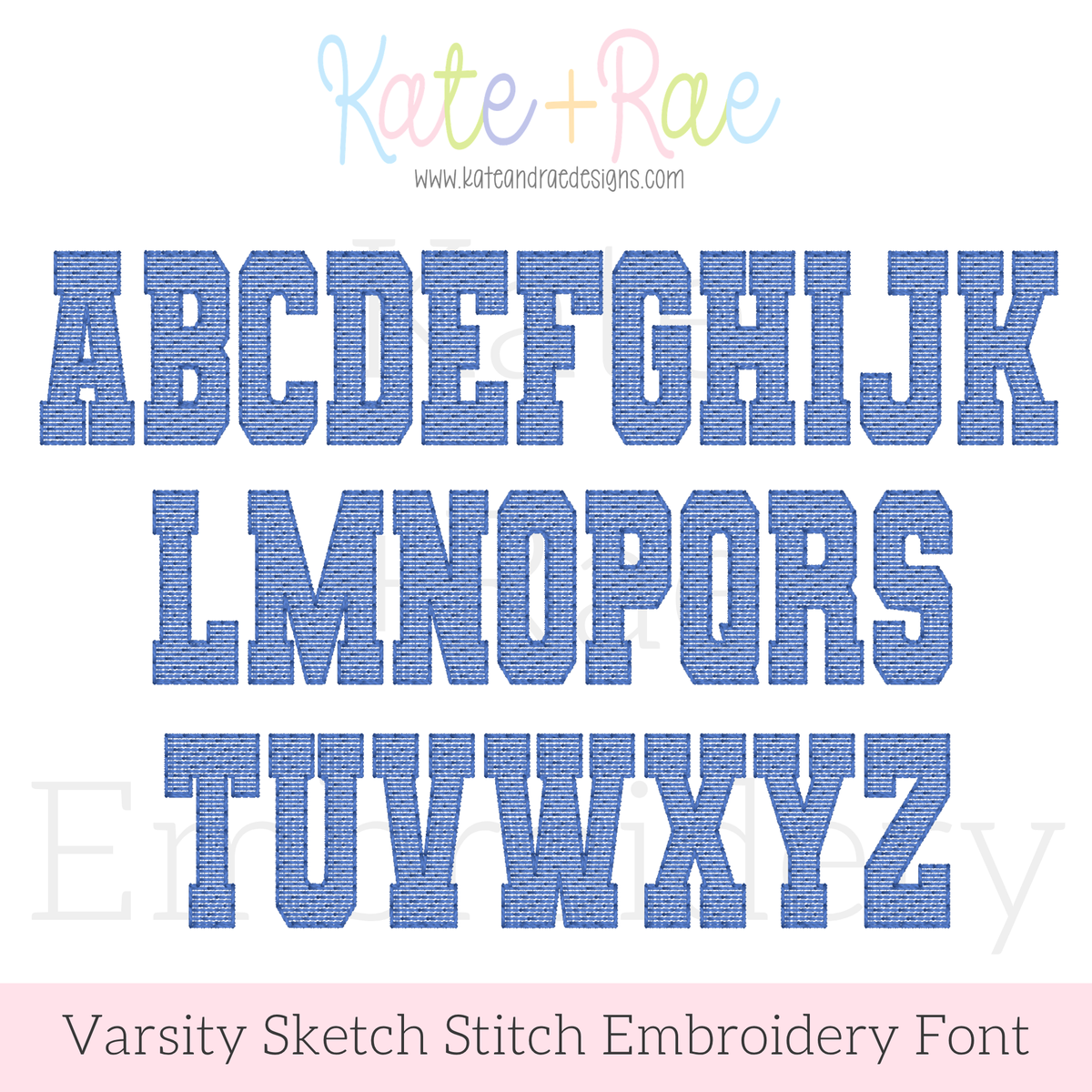 Varsity Sketch Stitch Embroidery Font: Uppercase A to Z alphabet in blue collegiate sketch stitch letters