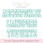 Varsity Zigzag Stitch Applique Embroidery Font: Uppercase A to Z alphabet in teal outlined collegiate applique letters