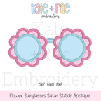 Flower Sunglasses Satin Applique Embroidery Design: Design preview of flower shaped sunglasses with pink gingham frames and light blue lenses, available in 5x7, 6x10, and 8x8