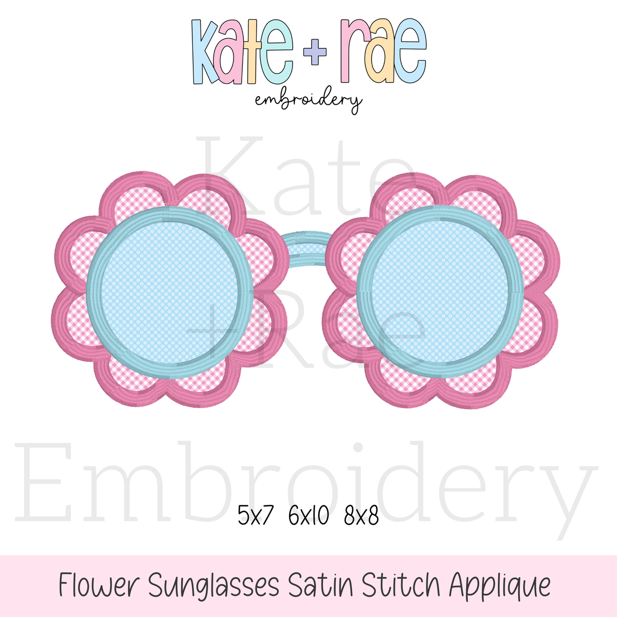 Flower Sunglasses Satin Applique Embroidery Design: Design preview of flower shaped sunglasses with pink gingham frames and light blue lenses, available in 5x7, 6x10, and 8x8