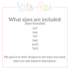 Make Heaven Crowded Satin Stitch Embroidery Design: Size chart showing the included sizes 5x7, 6x6, 7x7, 8x8, 6x10, and 7x12