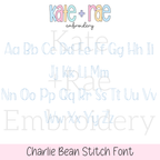 Charlie Bean Stitch Embroidery Font: Upper and lowercase alphabet in a light blue bean stitch outline font
