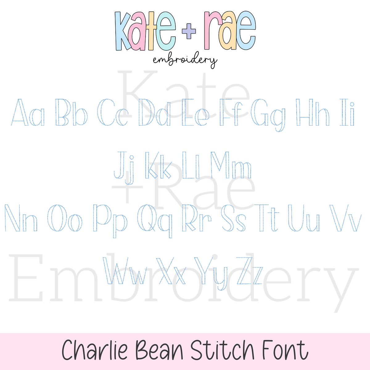 Charlie Bean Stitch Embroidery Font: Upper and lowercase alphabet in a light blue bean stitch outline font