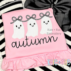 Girl's Ghost Trio with Bows Sketch Stitch Embroidery Design: Three ghosts linked by bows above the name autumn in black script on a pink ruffled shirt