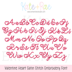 Valentine Heart Satin Stitch Embroidery Font: Upper and lowercase alphabet preview in pink Valentine heart satin script