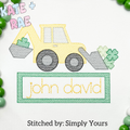 Shamrock Backhoe Sketch Stitch Embroidery with Name Plate: Sketch stitch backhoe with shamrocks above the name john david in a green name plate on a white shirt