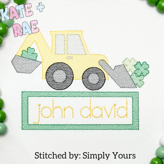 Shamrock Backhoe Sketch Stitch Embroidery Design with Name Plate