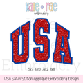 USA Satin Stitch Applique Embroidery Design: Design preview of the word USA in red glitter collegiate letters with a blue outline, available in 5x7, 6x10, 7x12, and 8x8