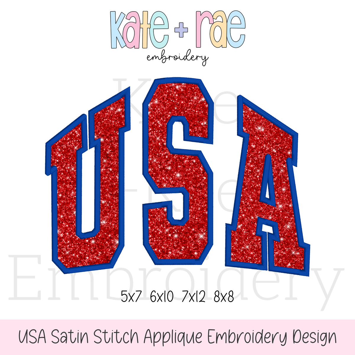 USA Satin Stitch Applique Embroidery Design: Design preview of the word USA in red glitter collegiate letters with a blue outline, available in 5x7, 6x10, 7x12, and 8x8