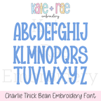 Gracie Faux French Knot Motif Fill Stitch Embroidery Font: Uppercase alphabet preview in blue block letters