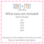 Size chart showing the included sizes 5x7, 6x10, 7x12, 8x8, and 8x13