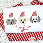 Santa Puppy Trio Sketch Stitch Embroidery Design: Three puppy faces wearing Santa hats above the name Layton in red script on a white shirt