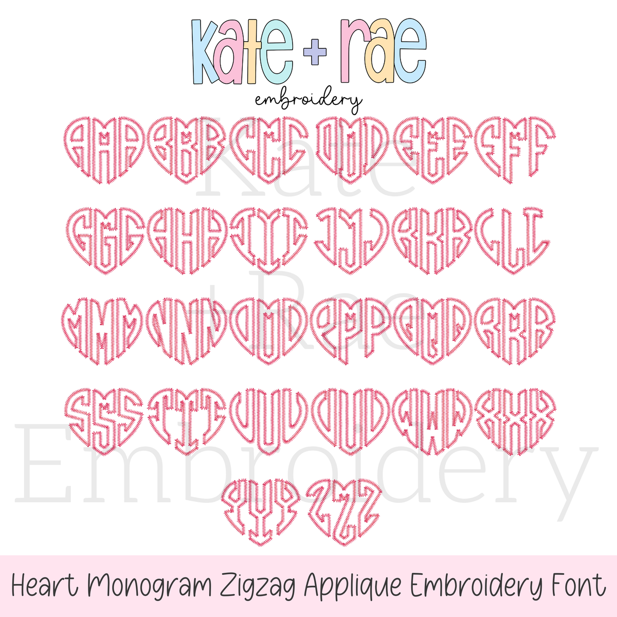 Heart Monogram Zigzag Stitch Applique Embroidery Design: Full set of heart shaped zigzag monogram letters A to Z in pink outline