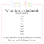 Script Loved with Bow Satin Stitch Embroidery Design: Size chart showing the included sizes 4x4, 5x5, 5x7, 6x6, 6x10, 7x7, 7x12, and 8x8