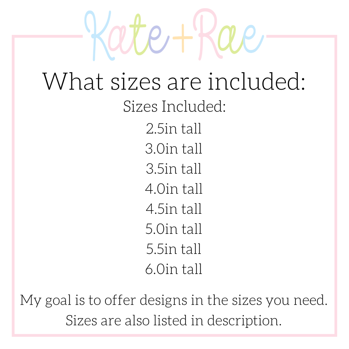 1st Birthday Cupcake Bean Stitch Applique Embroidery Design: Size chart showing sizes from 2.5in to 6.0in tall