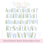 Floral Block Sketch Stitch Embroidery Font: Upper and lowercase alphabet preview in light blue floral sketch letters with flower sprigs