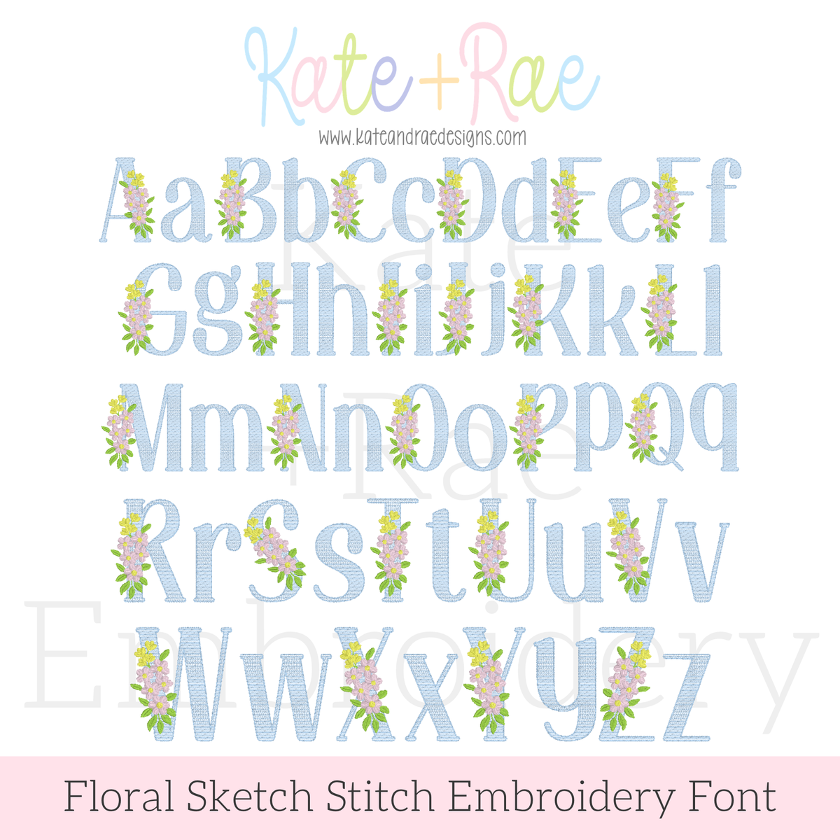 Floral Block Sketch Stitch Embroidery Font: Upper and lowercase alphabet preview in light blue floral sketch letters with flower sprigs