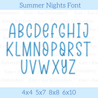 Summer Nights Zag Stitch Embroidery Font: Uppercase A to Z alphabet in a blue zigzag stitch font, available in 4x4, 5x7, 8x8, and 6x10