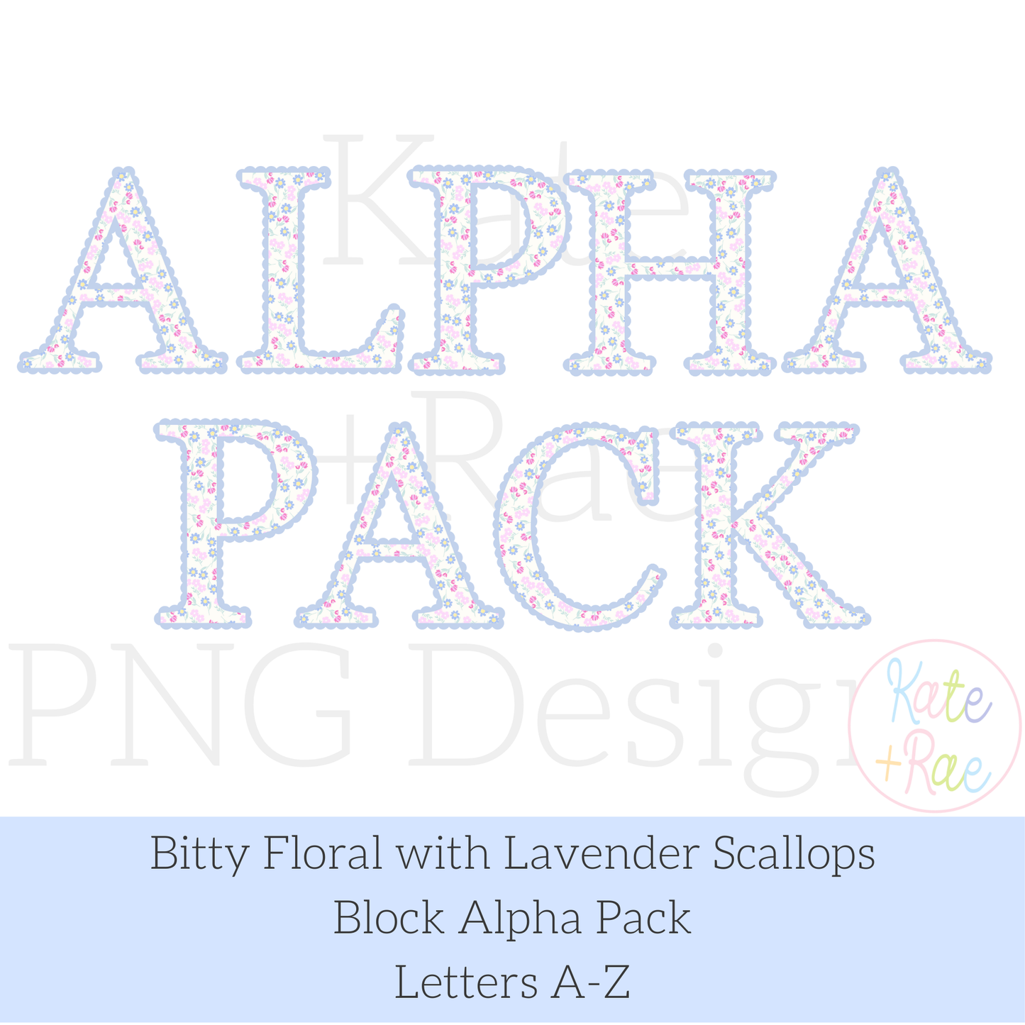 Bitty Floral with Scallop Lavender Border Block Letter Alpha Pack PNG