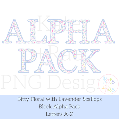Bitty Floral with Scallop Lavender Border Block Letter Alpha Pack PNG