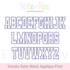Varsity Satin Stitch Applique Embroidery Font: Uppercase A to Z alphabet in purple outlined collegiate applique letters