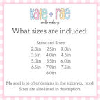 Flowy Bow Satin Stitch Embroidery Design: Size chart showing 2 to 8 inch sizes included in half inch steps