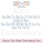 Charlie Thick Bean Stitch Embroidery Font: Upper and lowercase alphabet preview of the Charlie thick bean stitch font