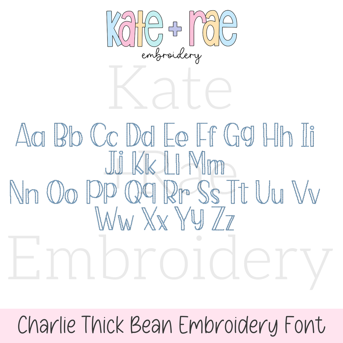 Charlie Thick Bean Stitch Embroidery Font: Upper and lowercase alphabet preview of the Charlie thick bean stitch font