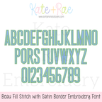 Beau Fill Stitch with Satin Border Embroidery Font: Uppercase alphabet and numbers preview in blue fill stitch with green satin border