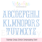 Fishtail Cross Stitch Machine Embroidery Font: Uppercase alphabet preview in light blue fishtail cross stitch