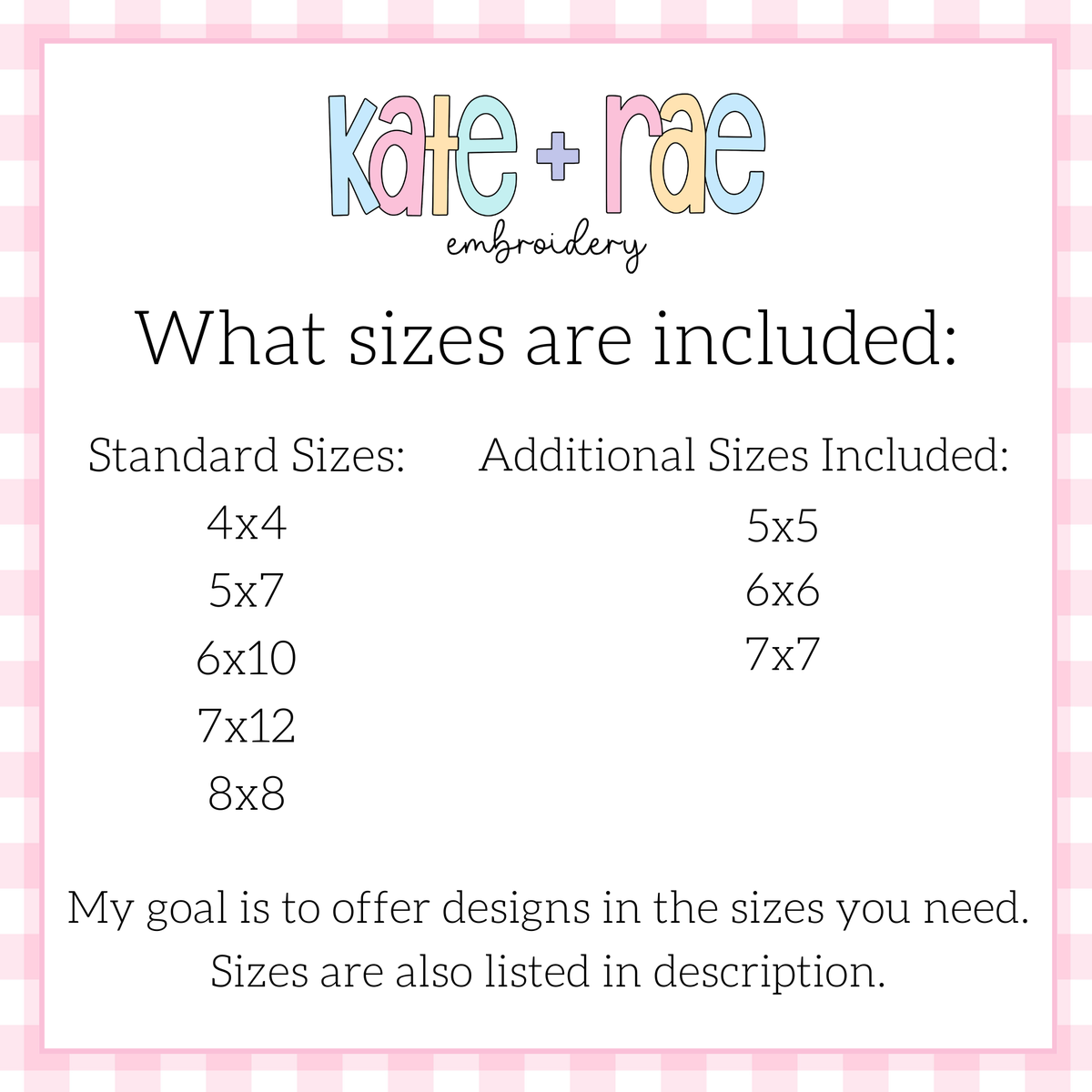 Princess Castle Zigzag Stitch Applique Embroidery Design: Size chart showing standard sizes 4x4 to 8x8 plus additional sizes 5x5, 6x6, and 7x7